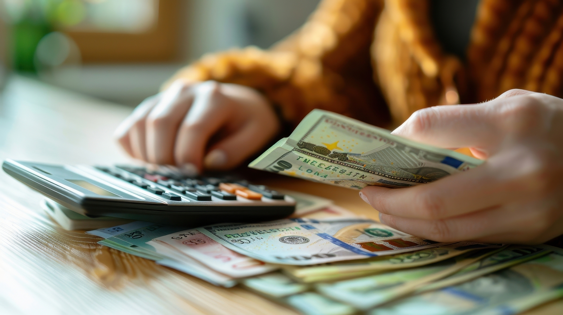 Carteira, dinheiro e calculadora financeira